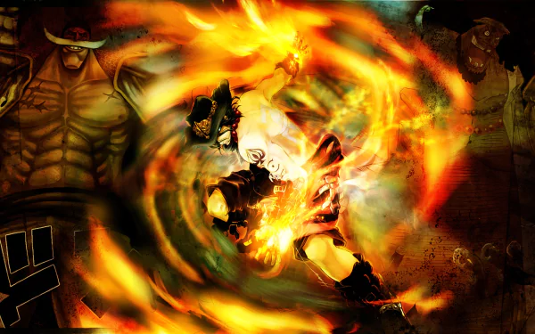 HD PC wallpaper featuring One Piece characters Marshall D. Teach, Edward Newgate, and Portgas D. Ace surrounded by dynamic flames and intense energy.
