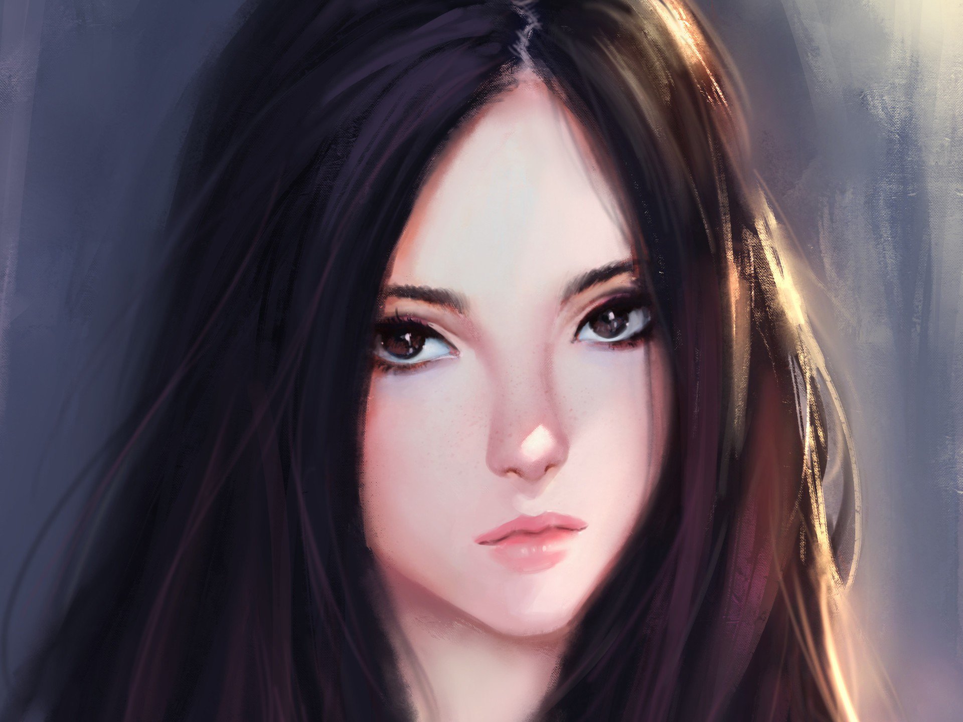 Artistic HD painting of a brunette woman's face, rendered with soft brushstrokes and detailed features, designed as a PC desktop wallpaper background.