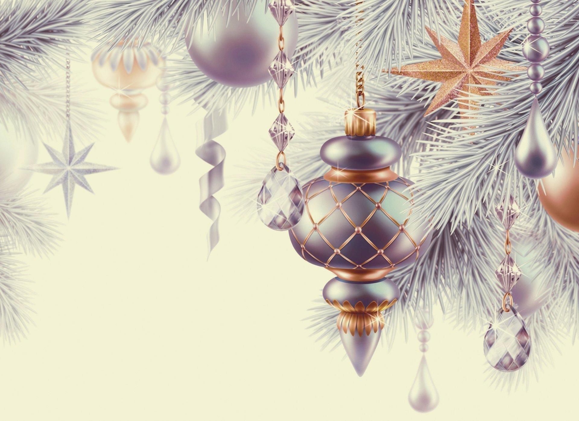 Silver Christmas ornaments and festive holiday decorations hang gracefully from frosted pine branches in this HD PC desktop wallpaper and background.