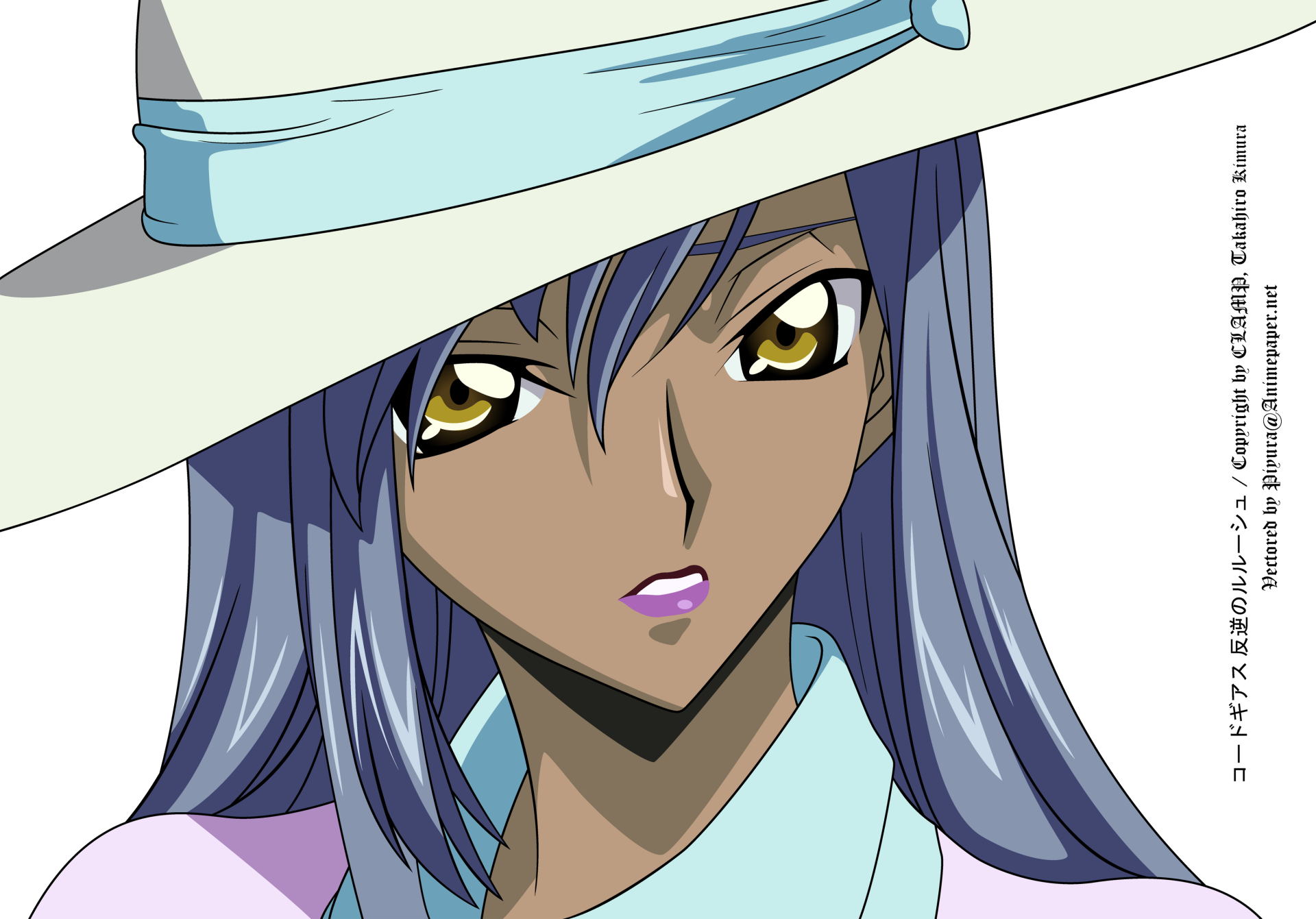 HD PC desktop wallpaper featuring an anime character from Code Geass with striking golden eyes, long blue hair, and a white hat.