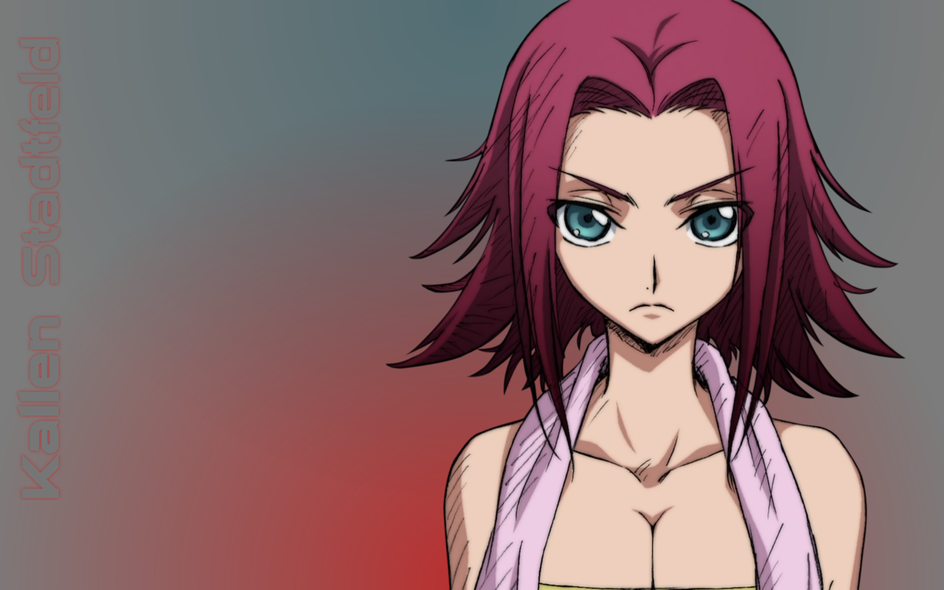 Anime Code Geass HD PC desktop wallpaper: Kallen with intense teal eyes and red hair, staring forward against a red-to-gray gradient background.