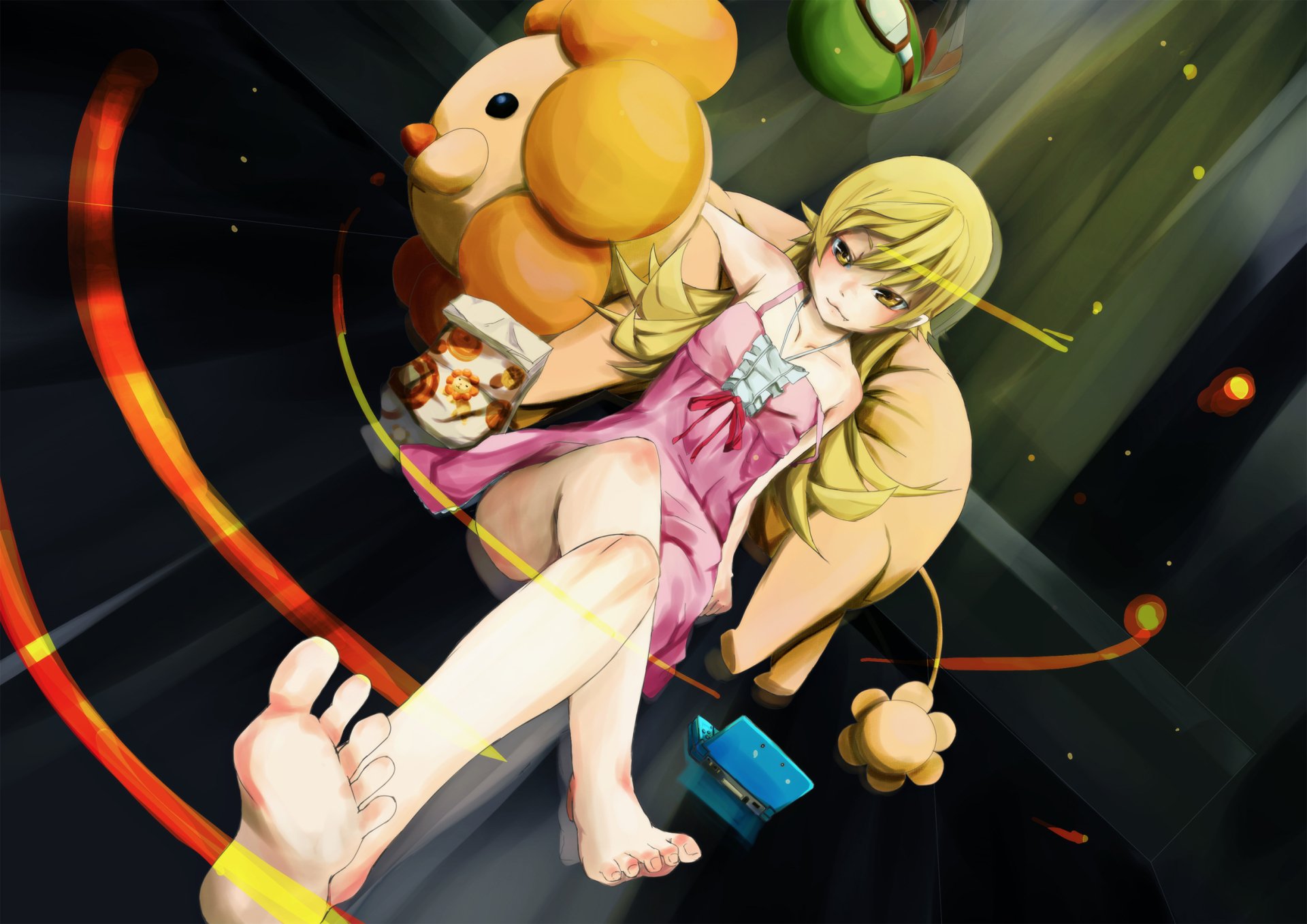 Anime HD PC desktop wallpaper (Monogatari series): blonde girl in a pink dress reclines barefoot among plush toys, donuts and glowing rings, staring toward the viewer.