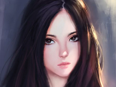 Artistic HD painting of a brunette woman's face, rendered with soft brushstrokes and detailed features, designed as a PC desktop wallpaper background.
