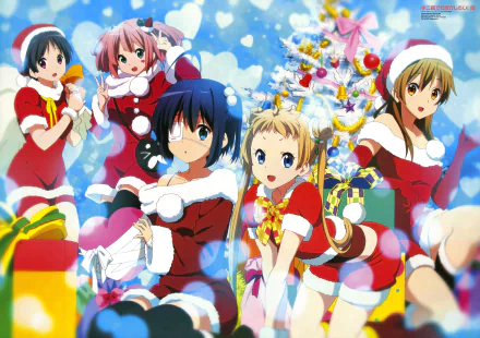 Anime characters from Love, Chunibyo & Other Delusions in festive Santa outfits, posing with Christmas presents and a decorated tree. The characters include Kumin Tsuyuri, Rikka Takanashi, Satone Shichimiya, and others.