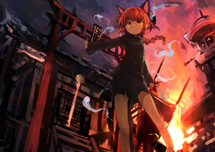 Rin Kaenbyou from Touhou anime stands confidently amid fiery ruins, rendered in vibrant detail for a 4K Ultra HD PC desktop wallpaper.