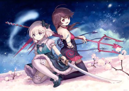 Anime Touhou HD PC desktop wallpaper background: Nue Houjuu and Youmu Konpaku back-to-back on snowy cherry blossoms under a starry sky, Youmu with sword and Nue with trident.