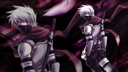 HD desktop wallpaper featuring Kakashi Hatake from the anime Naruto, showcasing two dynamic poses against a dark, vivid background.