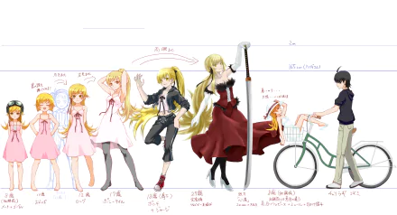 HD PC desktop wallpaper background — Anime, Monogatari (Series): a blonde character depicted across ages and outfits with measurement notes, and a young man pushing a bicycle at the right.