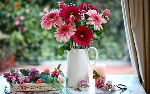 Photography Still Life Flower Basket Candle Pitcher Pink Flower HD Wallpaper | Background Image
