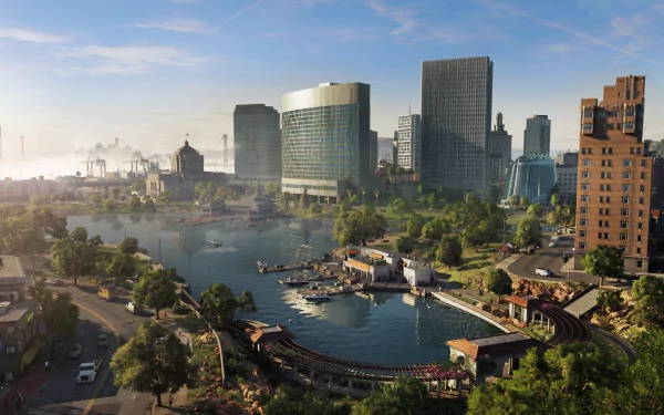 Watch Dogs 2 HD desktop wallpaper showcasing a vibrant cityscape with modern buildings, a waterway, and greenery under a clear blue sky.