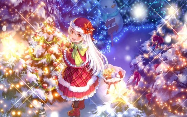Anime Navidad Muñeco de nieve Christmas Tree Christmas Lights Santa Hat Smile Orange Eyes Long Hair White Hair Noche Fondo de pantalla HD | Fondo de Escritorio