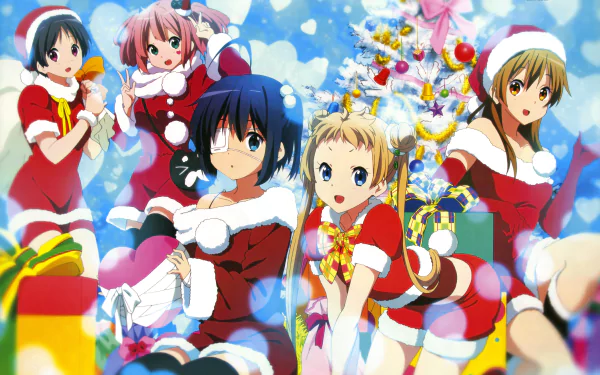 Anime characters from Love, Chunibyo & Other Delusions in festive Santa outfits, posing with Christmas presents and a decorated tree. The characters include Kumin Tsuyuri, Rikka Takanashi, Satone Shichimiya, and others.