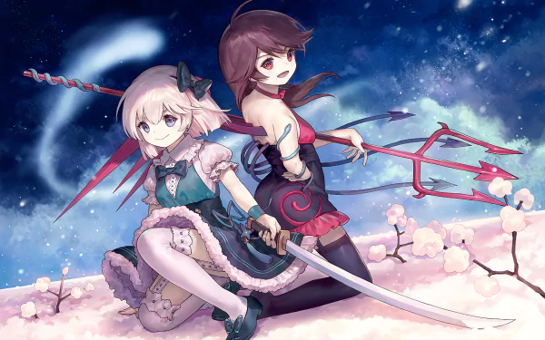 Anime Touhou HD PC desktop wallpaper background: Nue Houjuu and Youmu Konpaku back-to-back on snowy cherry blossoms under a starry sky, Youmu with sword and Nue with trident.