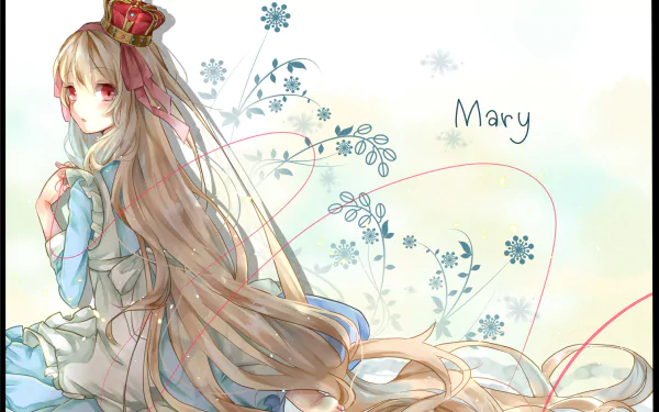 HD anime wallpaper featuring Marry Kozakura from Kagerou Project, with flowing long hair, a crown, and delicate floral designs on a soft pastel background.