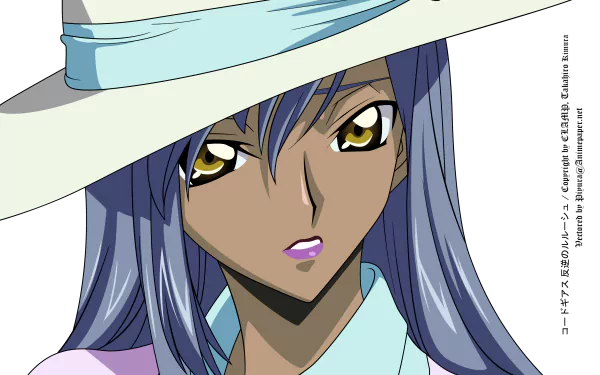 HD PC desktop wallpaper featuring an anime character from Code Geass with striking golden eyes, long blue hair, and a white hat.