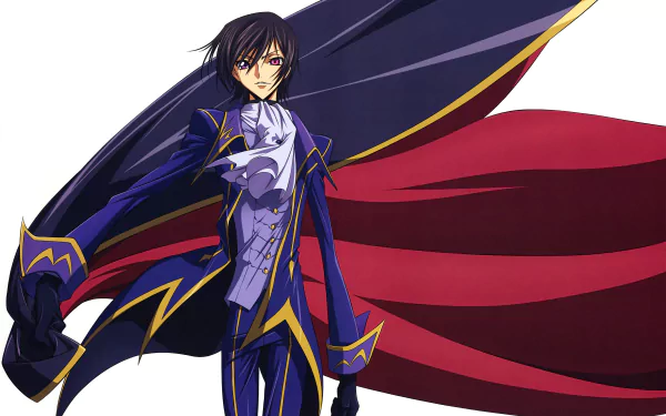 HD desktop wallpaper and background featuring Lelouch Lamperouge from the anime Code Geass, showcasing him in his iconic attire with a dramatic pose and flowing cape.