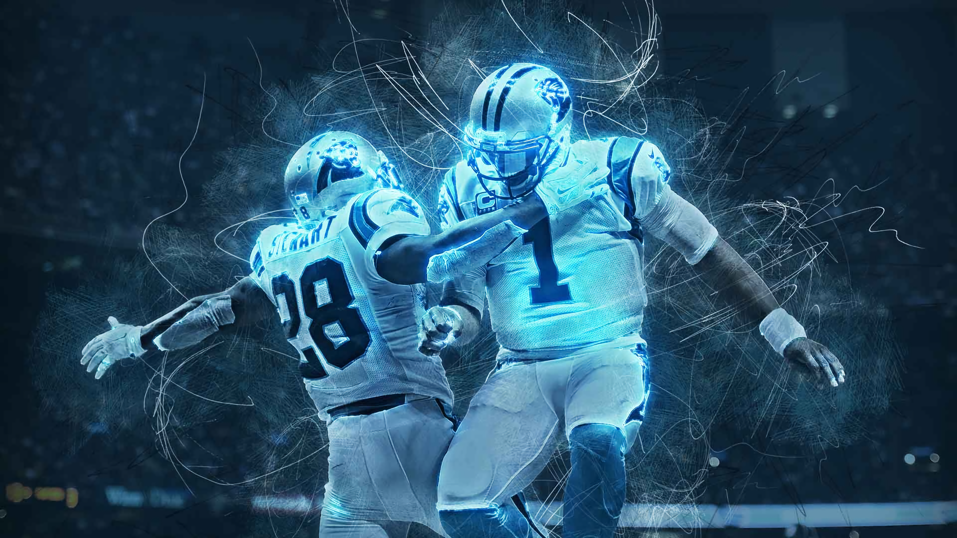HD wallpaper featuring an artistic rendition of Cam Newton in action on the football field.