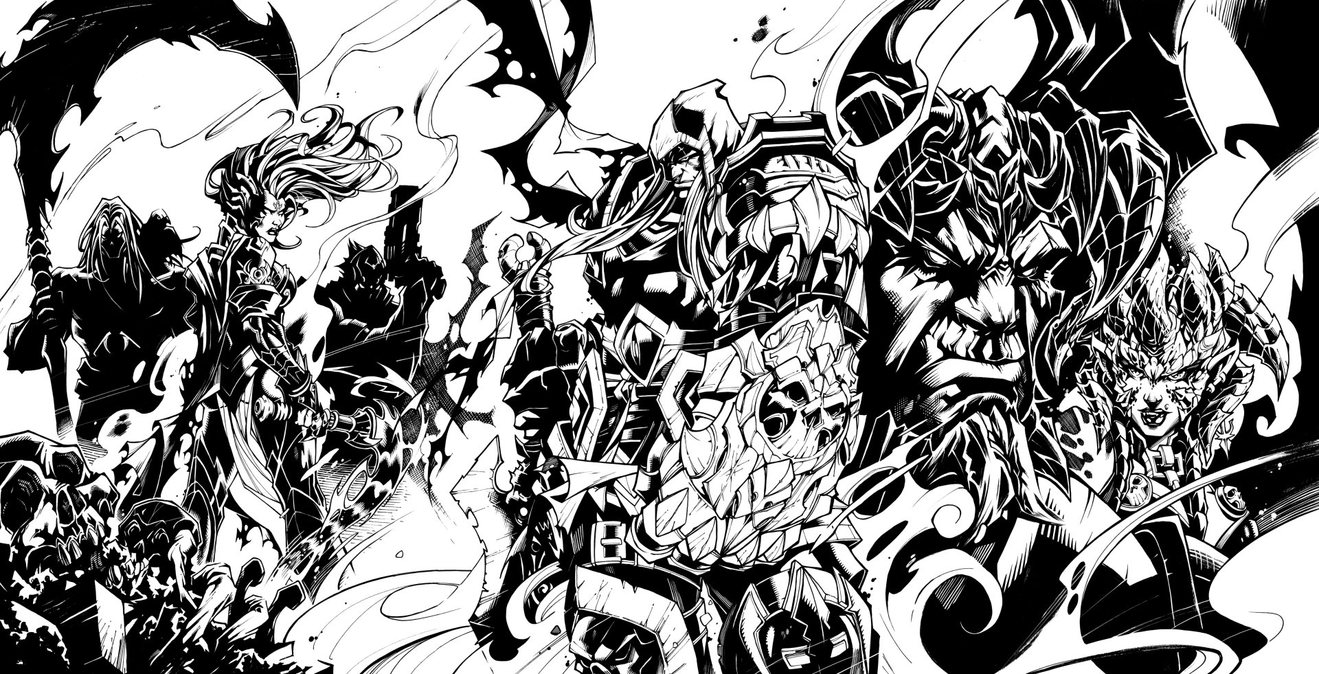 Black and white 4K Ultra HD PC desktop wallpaper featuring intricate, dynamic characters from the video game Darksiders in a striking, high-contrast design.