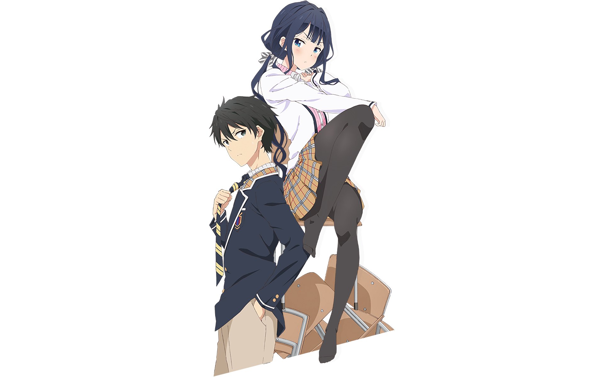 HD desktop wallpaper featuring Aki Adagaki and Masamune Makabe from the anime Masamune-kun's Revenge. Aki is in a schoolgirl outfit with a skirt and pantyhose, while Masamune stands beside her.