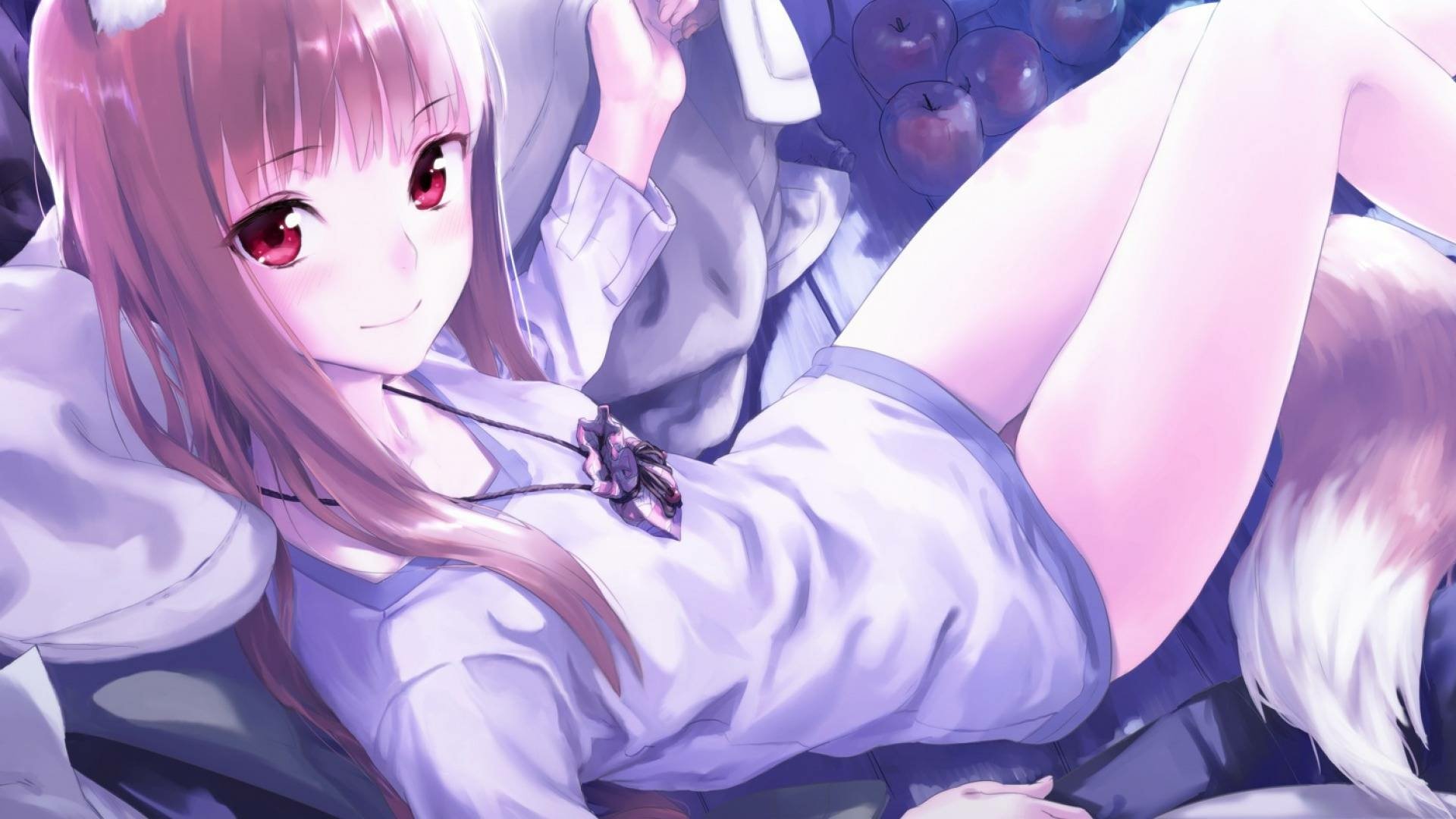 This HD desktop wallpaper features a character from the anime Spice and Wolf. The character has long hair, red eyes, and is seen lying down in casual clothes with a serene expression.