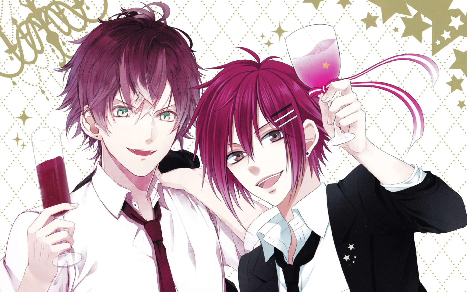 Anime wallpaper of Marginal#4: Kiss kara Tsukuru Big Bang — two smiling, suit-clad characters with red/purple hair toasting with wine glasses; 2K Quad HD PC desktop background.