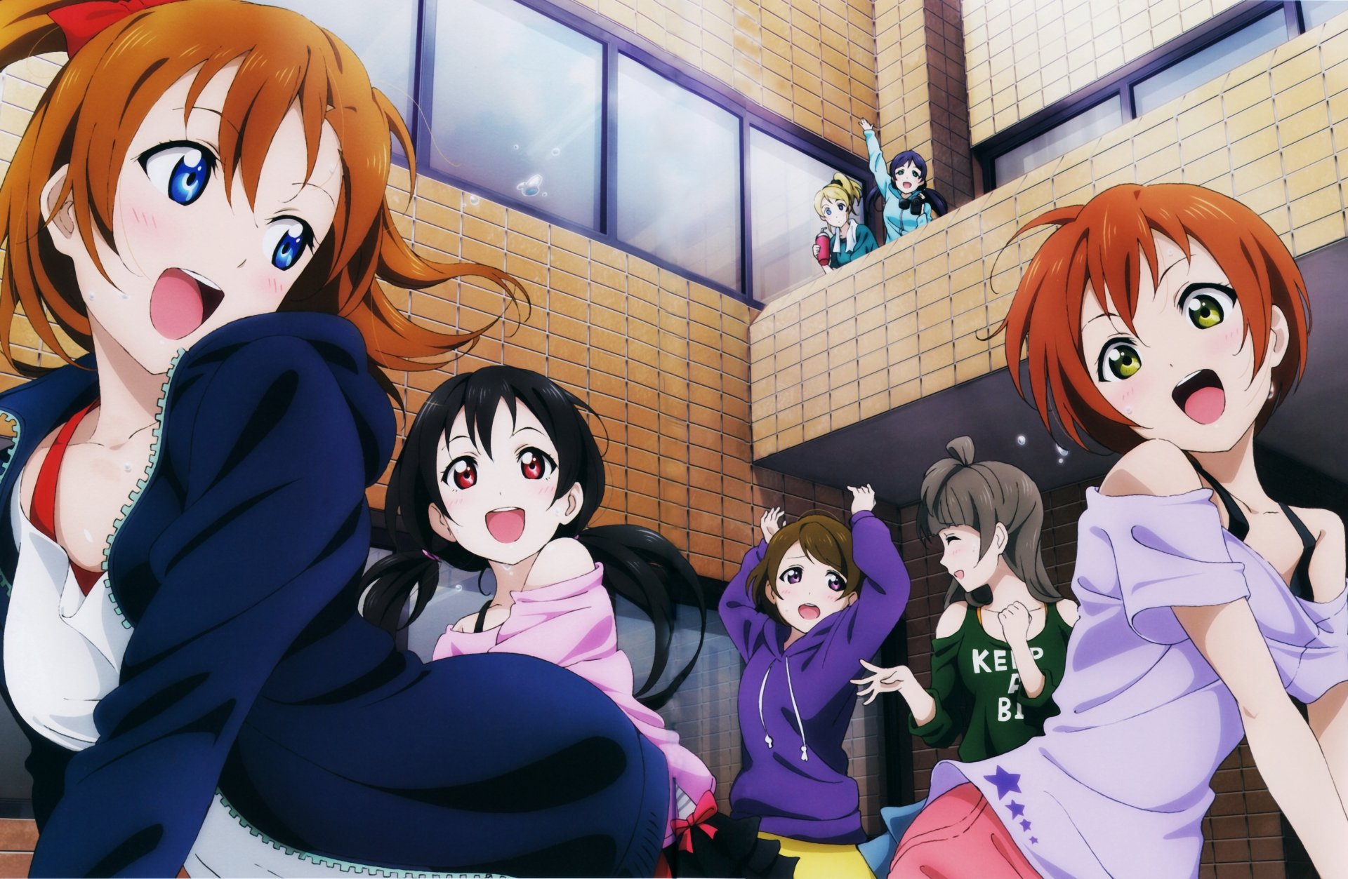 8K Ultra HD anime wallpaper featuring Rin Hoshizora, Nozomi Tojo, Nico Yazawa, Kotori Minami, Honoka Kousaka, Hanayo Koizumi, and Eri Ayase from Love Live!.
