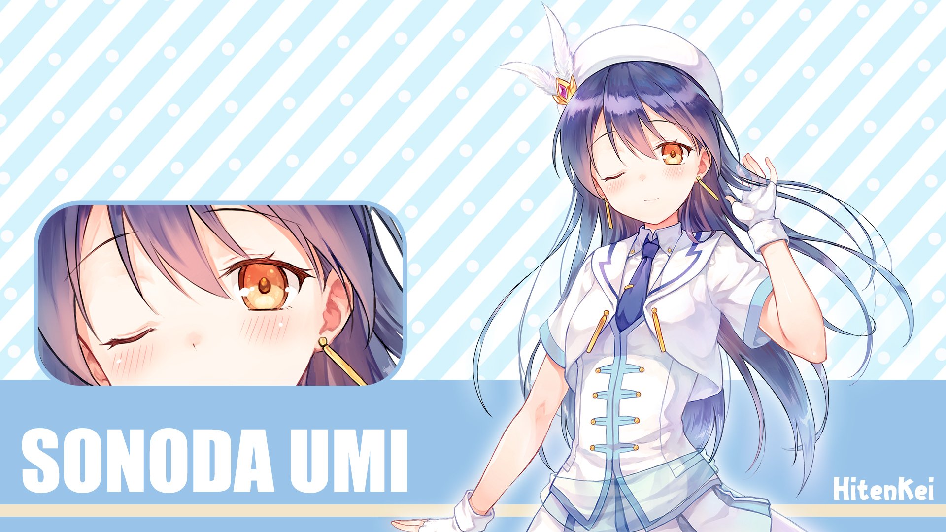 HD PC desktop wallpaper featuring Umi Sonoda from the anime Love Live!, showcasing her in a white and blue outfit with a confident pose against a striped background.