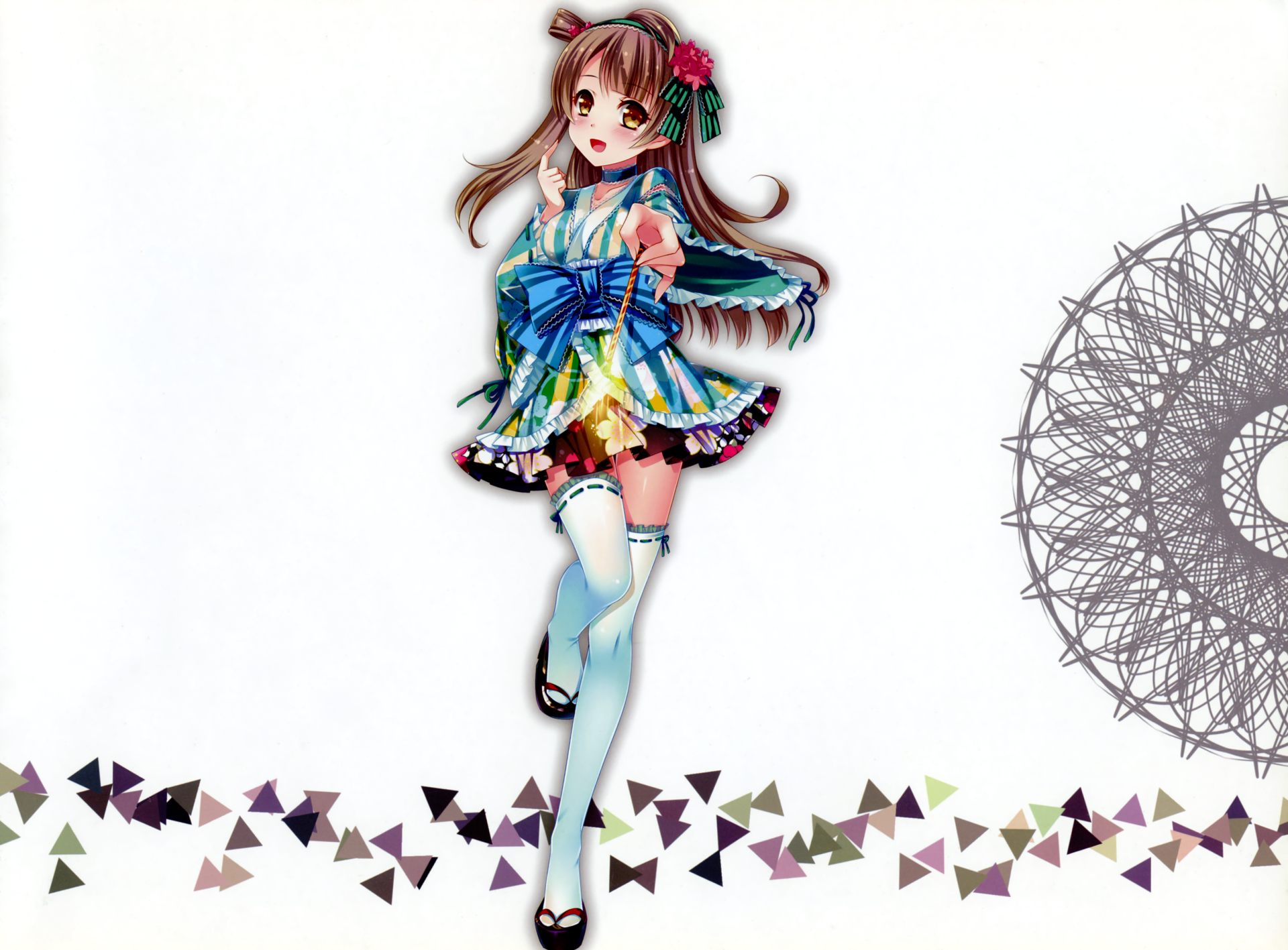 HD PC desktop wallpaper featuring Kotori Minami from the anime Love Live!, showcasing her in a colorful outfit with a white background and geometric patterns.