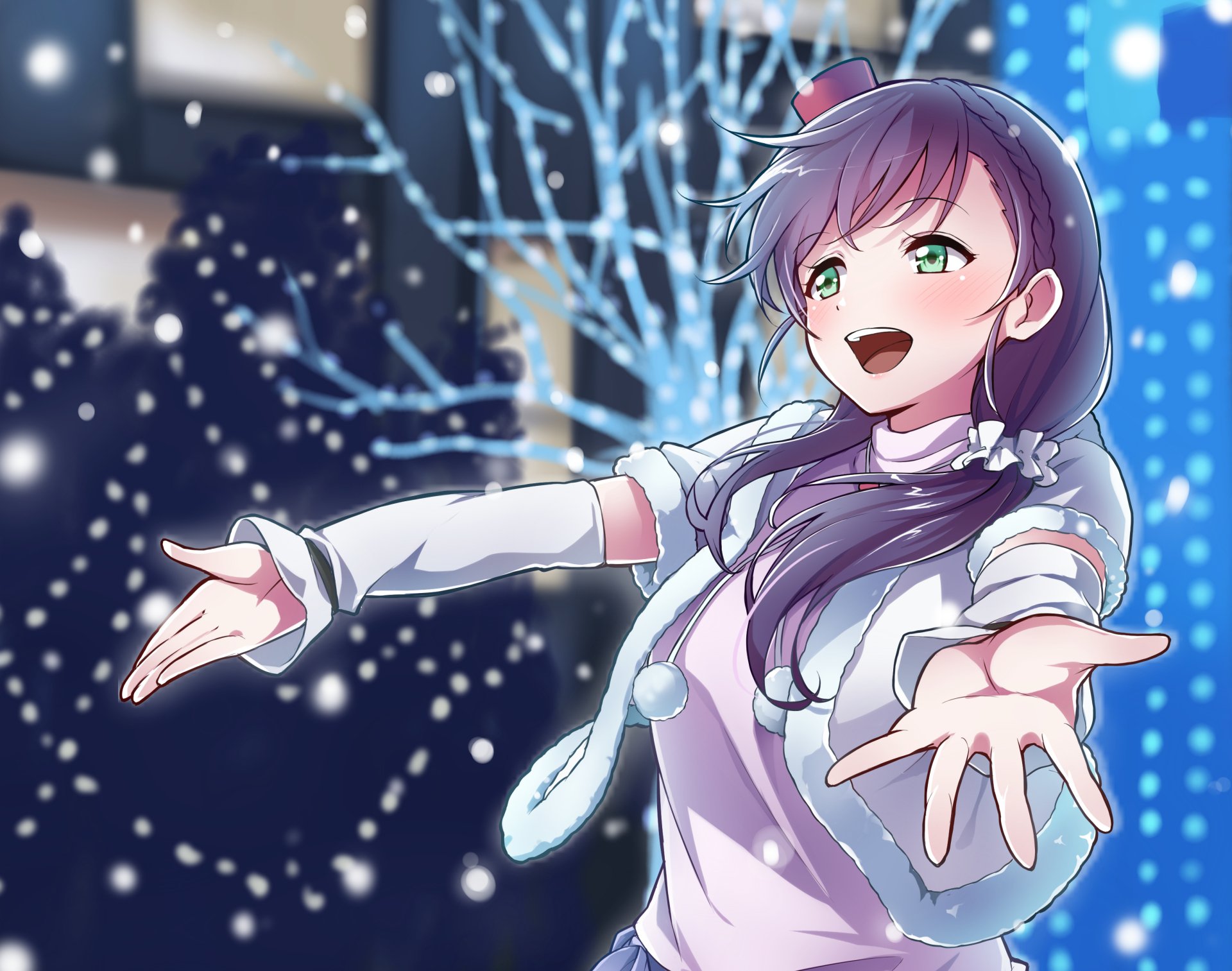 HD anime desktop wallpaper featuring Nozomi Tojo from Love Live!, smiling with arms outstretched against a festive, snowy nighttime background.