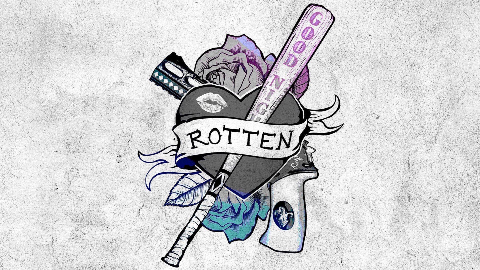 HD desktop wallpaper featuring artwork inspired by the movie Suicide Squad, showcasing a heart with ROTTEN text, surrounded by a bat, roses, a gun, and spray paint can on a textured background.