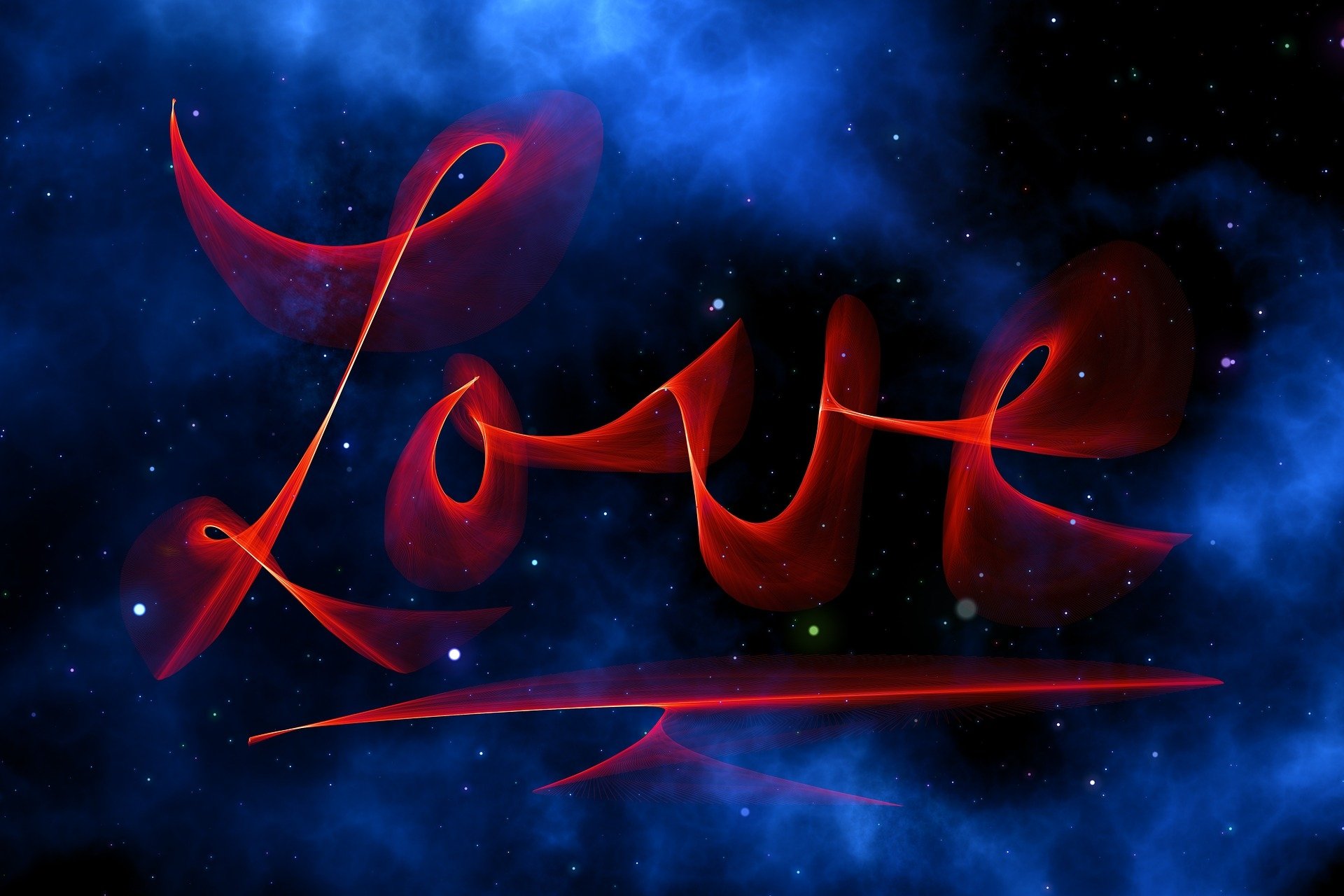 An artistic HD desktop wallpaper featuring the word Love written in red, set against a deep blue space-themed background with stars and nebulas.