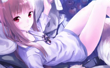 This HD desktop wallpaper features a character from the anime Spice and Wolf. The character has long hair, red eyes, and is seen lying down in casual clothes with a serene expression.