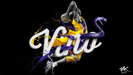 HD desktop wallpaper featuring an artistic depiction with dynamic splashes of color and a snake around stylized text, inspired by Kobe Bryant.
