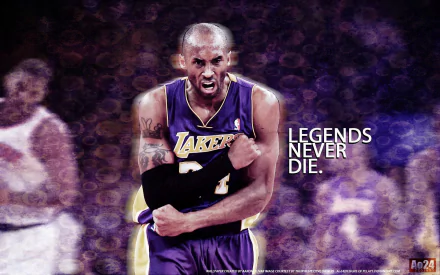 HD desktop wallpaper featuring Kobe Bryant in a Lakers jersey with the text LEGENDS NEVER DIE.