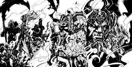 Black and white 4K Ultra HD PC desktop wallpaper featuring intricate, dynamic characters from the video game Darksiders in a striking, high-contrast design.