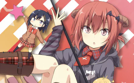 HD desktop wallpaper featuring Vignette Tsukinose April and Satanichia Kurumizawa McDowell from the anime Gabriel DropOut. The characters are set against a colorful, geometric background.