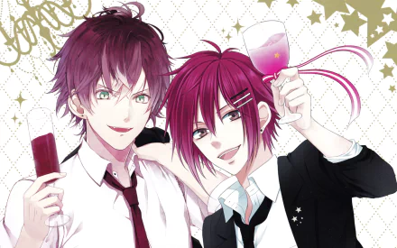 Anime wallpaper of Marginal#4: Kiss kara Tsukuru Big Bang — two smiling, suit-clad characters with red/purple hair toasting with wine glasses; 2K Quad HD PC desktop background.