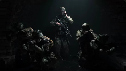 HD desktop wallpaper featuring a scene from the video game Death Stranding, showing a group of soldiers in a dark, atmospheric setting. One central figure is holding a rifle and communicating via a headset.