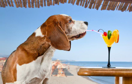 A basset hound sipping a colorful summer cocktail under a thatched roof, set against a beach backdrop in this 4K Ultra HD desktop wallpaper.