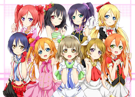 HD desktop wallpaper featuring the Love Live! anime characters Kotori Minami, Umi Sonoda, Honoka Kousaka, Rin Hoshizora, Hanayo Koizumi, Nozomi Tojo, Eri Ayase, Maki Nishikino, and Nico Yazawa.