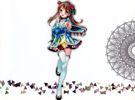 HD PC desktop wallpaper featuring Kotori Minami from the anime Love Live!, showcasing her in a colorful outfit with a white background and geometric patterns.