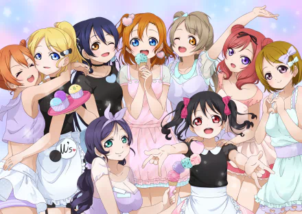 HD PC Love Live! desktop wallpaper: nine idols — Honoka Kousaka, Umi Sonoda, Kotori Minami, Hanayo Koizumi, Eli Ayase, Maki Nishikino, Nozomi Tojo, Rin Hoshizora, Nico Yazawa — posing with sweets