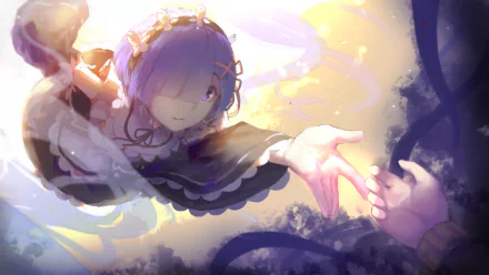An HD desktop wallpaper featuring Rem from Re:Zero - Starting Life in Another World, reaching out towards a hand amidst a colorful and ethereal background.