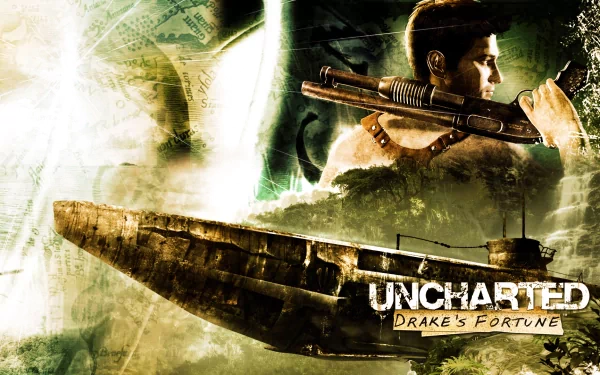 A dynamic HD wallpaper featuring elements from the video game Uncharted: Drake's Fortune, showcasing the game's protagonist and a mysterious ship against a vivid background.