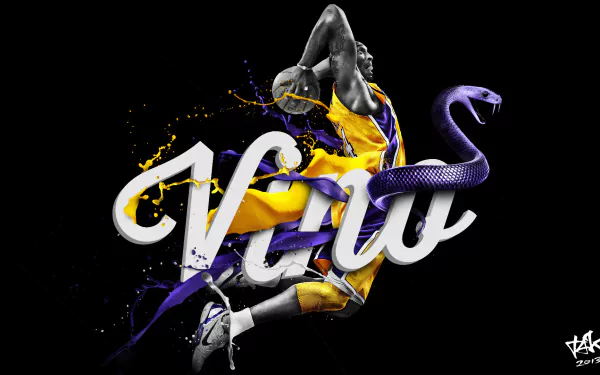 HD desktop wallpaper featuring an artistic depiction with dynamic splashes of color and a snake around stylized text, inspired by Kobe Bryant.