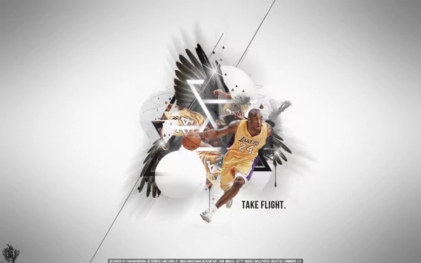 HD desktop wallpaper featuring an artistic illustration of Kobe Bryant in action with the text Take Flight.
