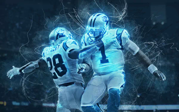 HD wallpaper featuring an artistic rendition of Cam Newton in action on the football field.