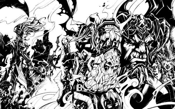 Black and white 4K Ultra HD PC desktop wallpaper featuring intricate, dynamic characters from the video game Darksiders in a striking, high-contrast design.