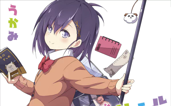HD PC desktop wallpaper of Vignette Tsukinose April from the anime Gabriel DropOut, featuring her holding a book and a fishing rod with floating items around her.