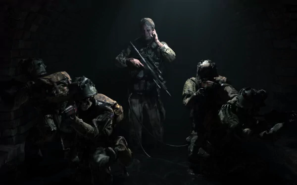 HD desktop wallpaper featuring a scene from the video game Death Stranding, showing a group of soldiers in a dark, atmospheric setting. One central figure is holding a rifle and communicating via a headset.